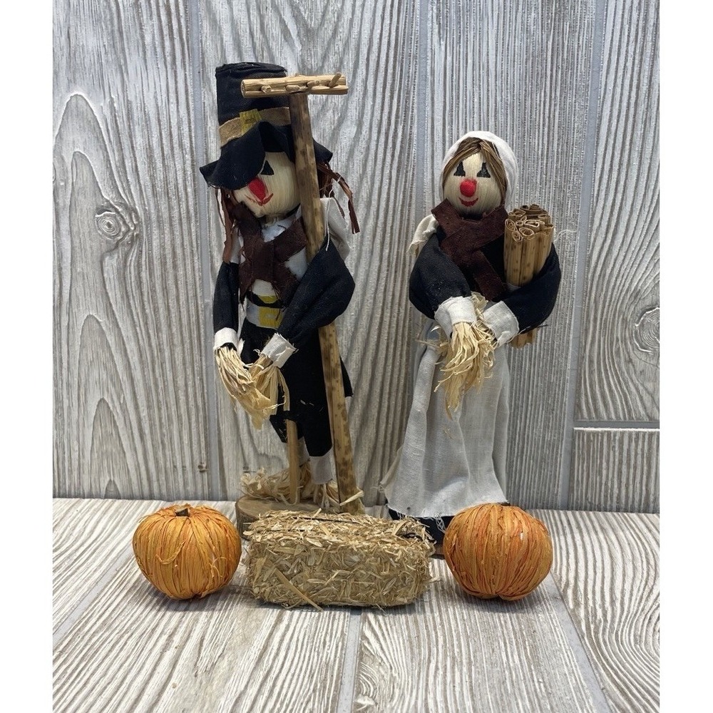 Vintage Corn Husk Pilgrim Scarecrow Couple Fall Thanksgiving Decor 5 Piece Set